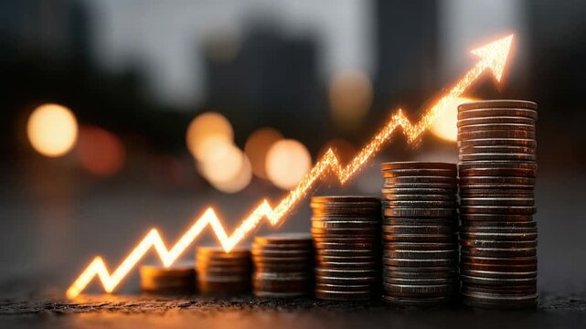 Financial Ascent: A visual metaphor of financial growth and prosperity. Stacks of coins are shown with an illuminated upward arrow