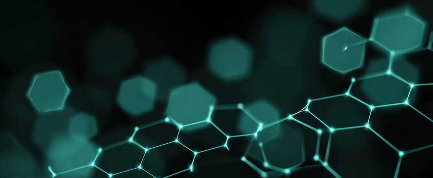 Modern technology backdrop showcasing a sleek metal polygon mesh 3D cube with vibrant teal hexagons.