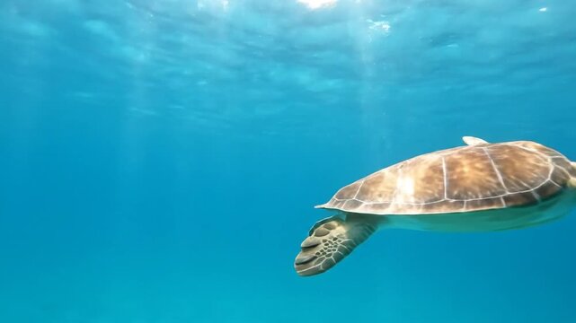 A sea turtle gracefully swims through clear blue ocean waters, its shell glistening under sunlight filtering from above.