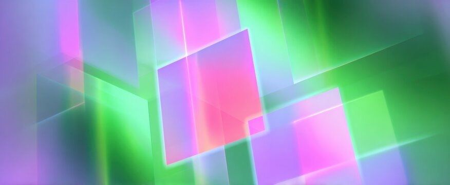 Dive into an abstract white 3D background where neon glass squares dance like playful butterflies