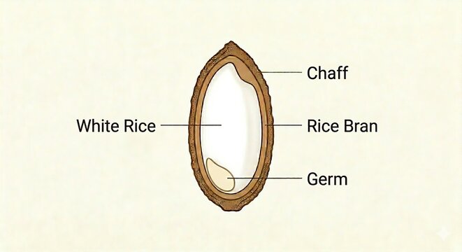 Educational diagram showing the anatomy of a rice grain including chaff, rice bran, germ, and white rice.