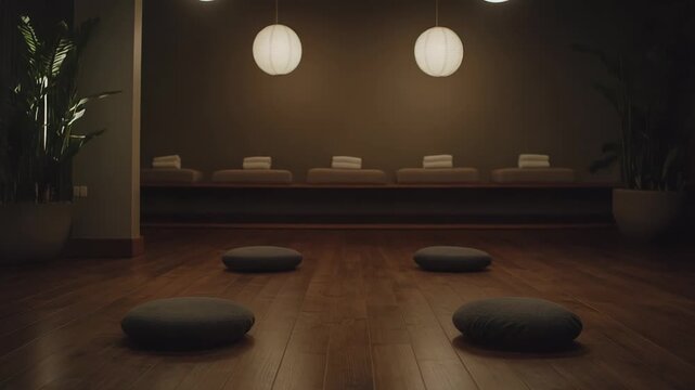 Quiet meditation studio providing a peaceful environment for mindfulness practices and relaxation, featuring neatly arranged cushions on a wooden floor and soft ambient lighting