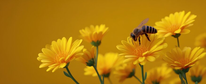 A bee dances among golden flowers sipping nectar in the sunlight's warm embrace