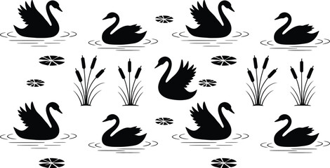 Elegant black swan silhouette pattern featuring water ripples lily pads and marsh reeds on white background for textile graphic design © Sumaiya