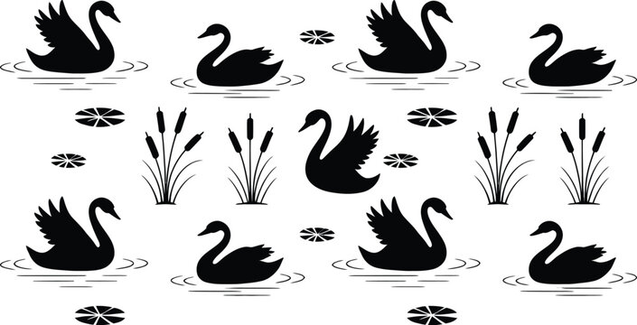 Elegant black swan silhouette pattern featuring water ripples lily pads and marsh reeds on white background for textile graphic design