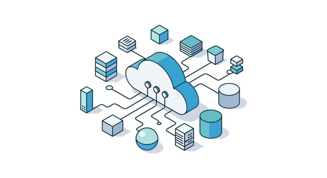 Cloud computing illustration of a network diagram showing data storage and transfer processes