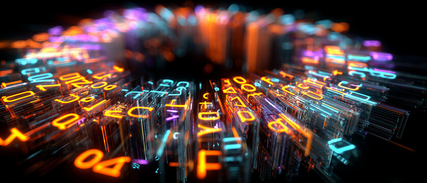 Abstract glowing digital numbers in circular motion on black background  