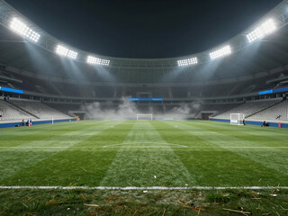 Fototapeta premium Night soccer stadium background with illuminated football field and green grass