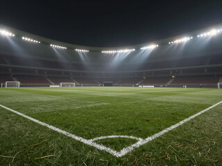Obraz premium Night soccer stadium background with illuminated football field and floodlights