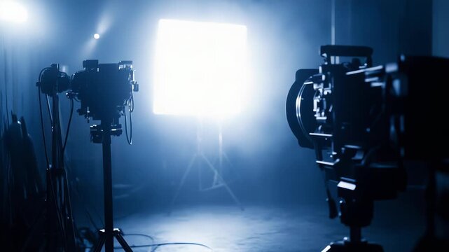 Production crew using cinema cameras and bright studio lights to capture a film scene in a dark indoor set, showcasing professional equipment, lighting beams, and backstage prep