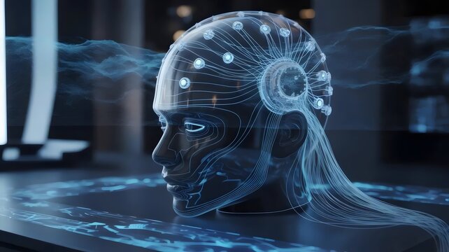 Translucent neural helmet with data streams - Great for neuroscience, medical tech, or gaming hardware.