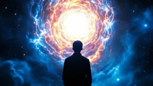 A silhouette of a person gazing into a vibrant cosmic scene.