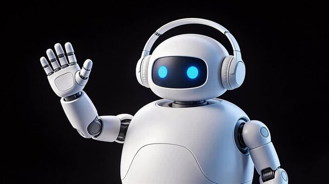 Friendly white robot with glowing blue eyes and headphones waving hello &mdash; AI assistant, futuristic tech concept, 3D render on black background