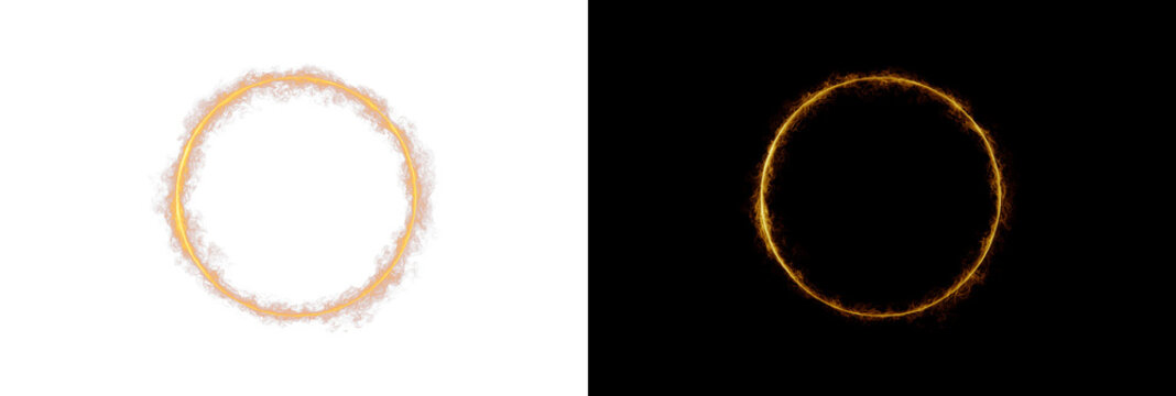 Fiery orange-golden portal ring with intense flames, sparks, and glowing energy, creating a strong fire effect. Isolated PNG overlay on split background, perfect for fantasy and dramatic visuals.