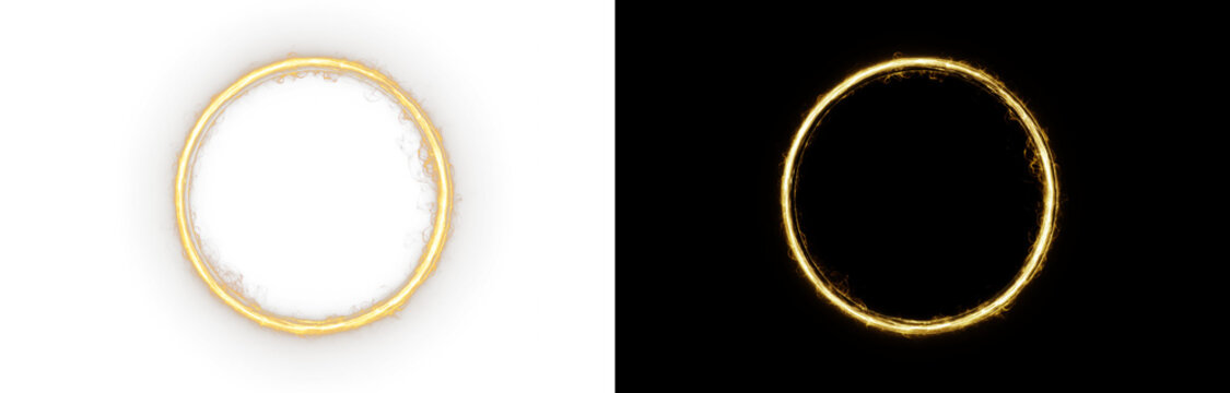 Abstract golden fire portal ring with glowing orange light, sparks, and smoke, creating a powerful energy effect. Isolated PNG overlay on split background, perfect for fantasy and dramatic visuals.