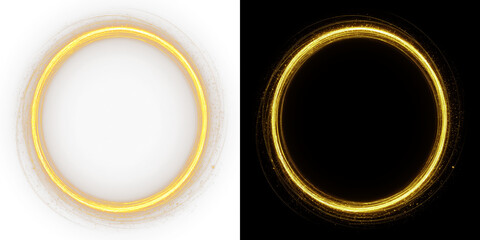 Glowing golden neon ring portal with light flare and sparkle, bright circular overlay effect for design. © Oleksandr