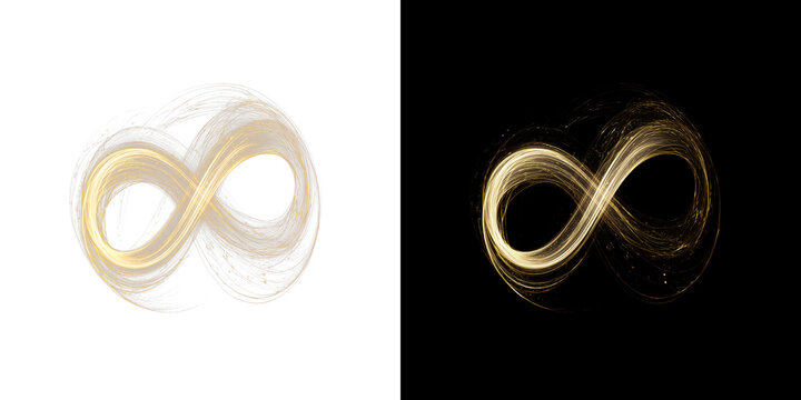 Dark golden neon infinity symbol formed by flowing wave lines with glowing highlights and elegant motion on split background.