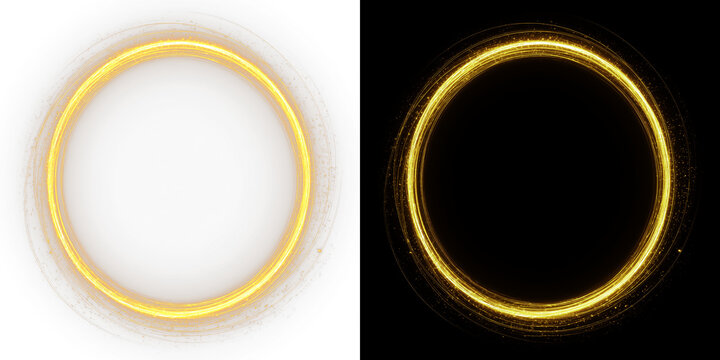 Glowing golden neon ring portal with light flare and sparkle, bright circular overlay effect for design.