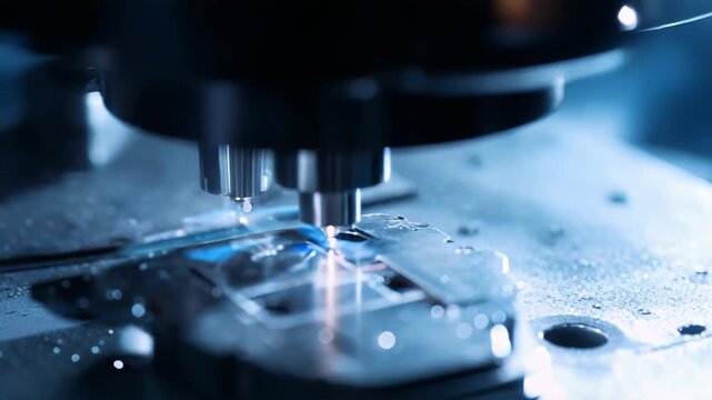 Advanced industrial technology operating with high precision, performing micro machining and engraving processes on a metallic component with a glowing blue light