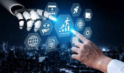 Fototapeta premium A stunning image of a robotic hand reaching out to touch a productivity icon in a digital interface, symbolizing the synergy between technology and human effort for improved outcomes. Gantry