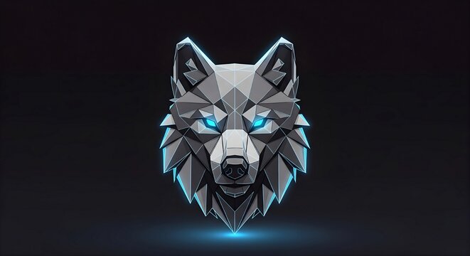 3D render of a geometric wolf head in low poly style with glowing blue neon light accents on a dark background