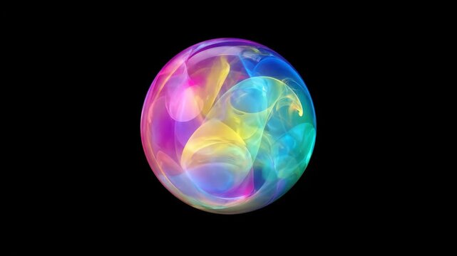 A vibrant, abstract sphere with fluid colors on a black background.