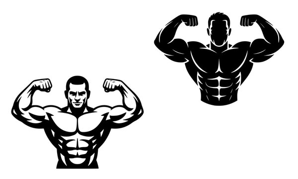 Muscular bodybuilder flexing both arms in front and back pose, bold black and white vector silhouette illustration perfect for gym logos, fitness brands, strength training and sports design