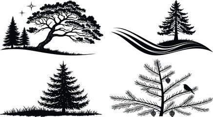 Obraz premium Collection of four black and white tree silhouettes with various landscapes