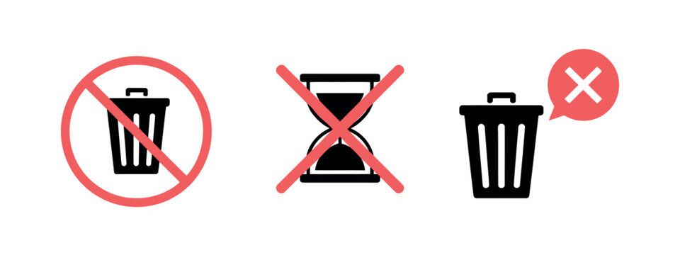 No trash bin icon in flat style showing prohibition, anti-littering symbol, and public area rule, clean vector illustration isolated