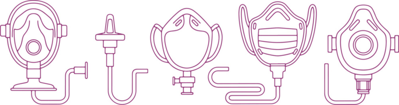 Various types of breathing protection and respiratory devices illustrated
