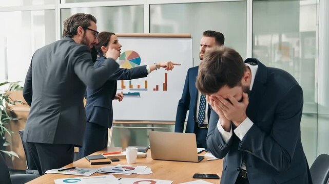 Colleagues engage in a heated argument during a tense business meeting in the office following a failed presentation highlighting frustration and blame among team members.