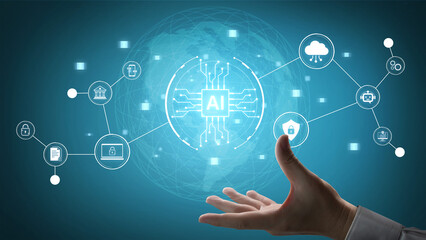 Obraz premium Connected AI platform links cloud services, security, finance and mobile workflows, enabling automation, data analytics and governance for modern digital business. Corpus