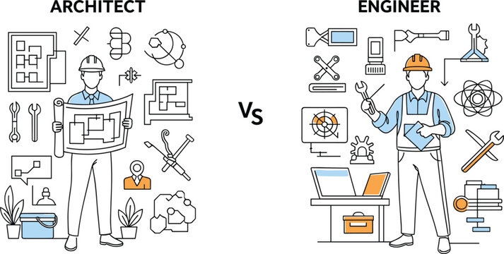 Architect vs engineer comparison with profession roles tools and workflow vector illustration