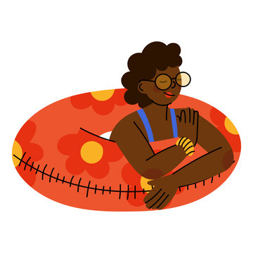 Girl Floating in Inflatable Swim Ring. Cute girl relaxing in inflatable swim ring in flat style. Summer pool scene with cartoon character, bright colors and leisure mood perfect for vacation. 
