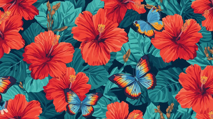 Vibrant tropical floral pattern with bold red hibiscus flowers and teal leaves © Pemuda