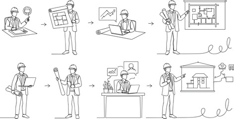 Architect and construction workflow set with blueprint planning and building process line art vector illustration © mdanichur