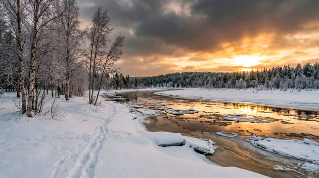  A snowy winter landscape with a river at sunrise or sunset. Bare trees stand against a backdrop of orange and gray clouds. A scene, capturing the beauty of the cold season.