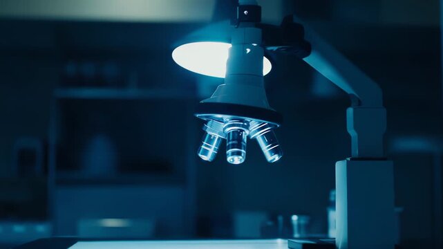 Microscope with multiple objective lenses and a bright blue light illuminating a laboratory table, representing scientific discovery, technological innovation, and crucial medical findings