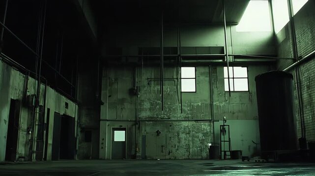 Abandoned industrial warehouse with a rough concrete structure, pipes, and windows, creating a dark, gritty atmosphere with natural light reflecting from the wet floor