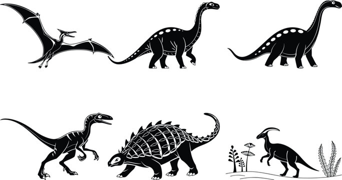 A group of different dinosaurs standing in various poses on a plain white background with black silhouettes