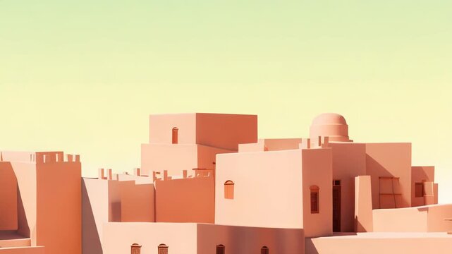 Minimalist architecture depicting an abstract desert city with geometric buildings and mud houses creating a serene, modern composition under a light sky