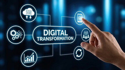 Naklejka premium Digital transformation, technology, business, innovation, automation, connectivity, strategy concept featuring a hand interacting with a virtual dashboard of business icons.