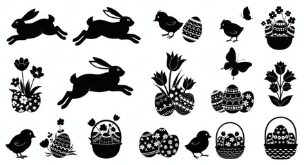 Obraz premium Black silhouette collection of Easter themed elements including bunnies, chicks, decorated eggs, flowers, and butterflies on a white background.