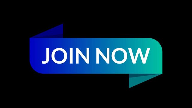 Seamless white join now text on a blue to green gradient ribbon moving up and down. Looping motion graphic with alpha channel for professional video editing and web projects