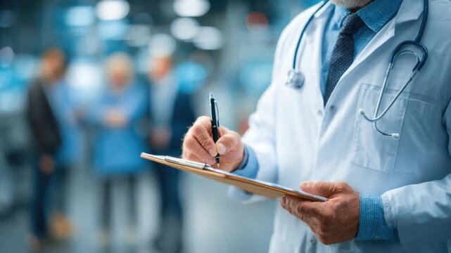 Physician's Patient Assessment: A physician in a crisp, white coat diligently documents medical information on a clipboard, exemplifying care and commitment, with patients blurred in the background.