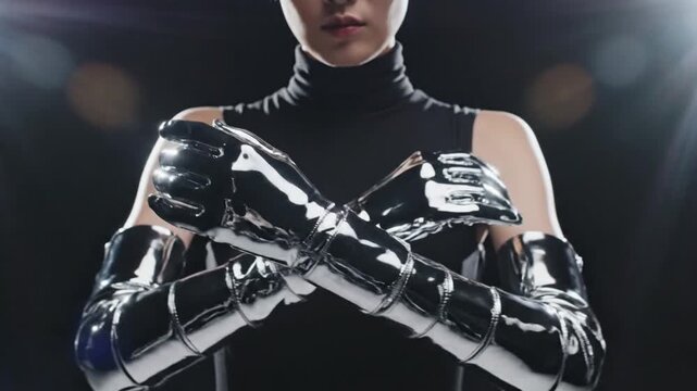 Futuristic Fashion Stance. Robotic Style With Reflective Accents. Elegant Technological Armor In Dramatic Lighting. Model Displaying Sleek Metallic Armor Under Intense Light Effects