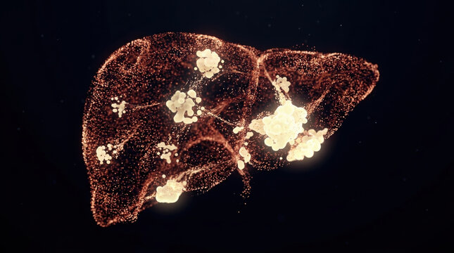 Liver triglyceride storage visualized as glowing clusters inside translucent organ model showing fat accumulation and metabolic activity