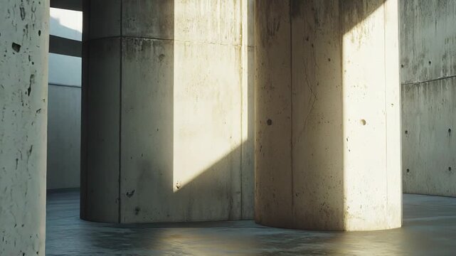 Brutalist concrete geometry with bold columns and textured walls, sunlight casting sharp shadows across a minimalist urban structure, emphasizing raw material and form