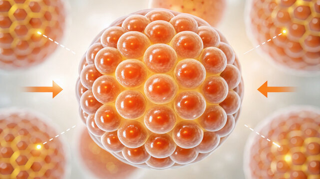 Liver triglyceride storage concept showing spherical fat cells with orange lipid droplets inside biological structure in medical illustration