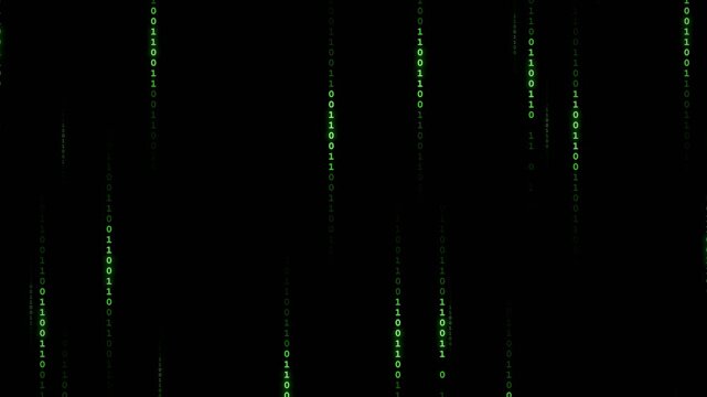 Digital Rain of Binary Code Numbers Falling Down on Black Background, Technology Loop